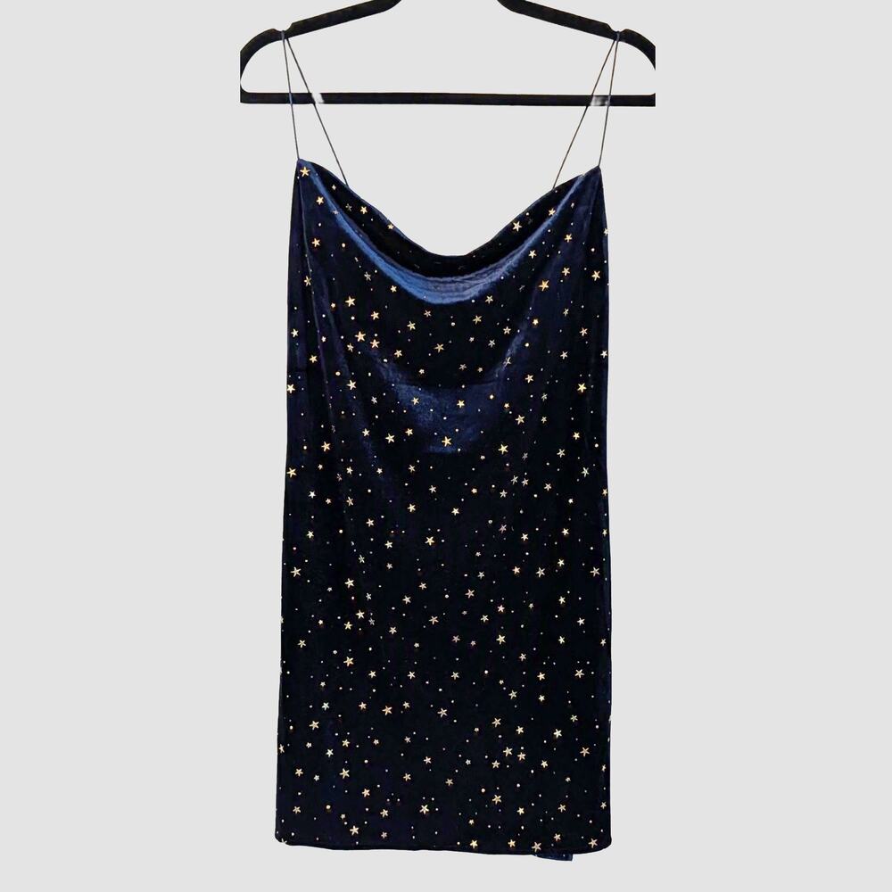 NEW Zaful Velvet Star Print Cowl Neck Mini Dress Size 10 Blue Gold Celestial